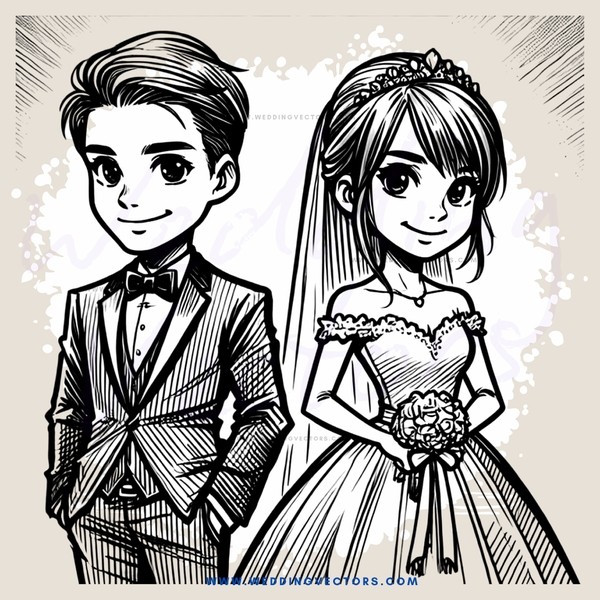a cartoon picture of boy and girl on their wedding day