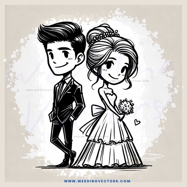 black and white cartoon of groom and bride