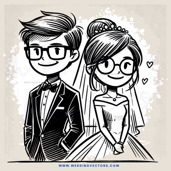 a wedding couple drawing in black and white
