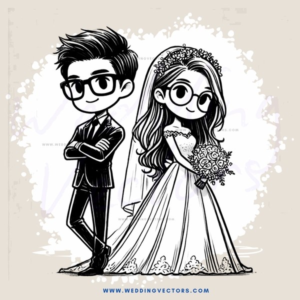 bride and groom cartoon drawing in black and white