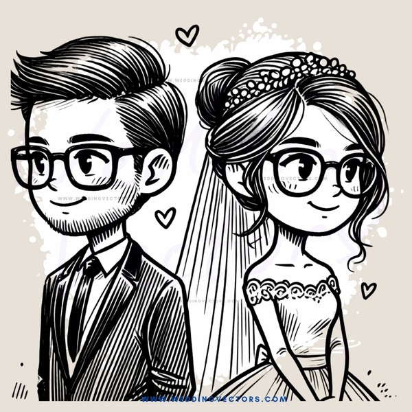 bride and groom drawing in black and white style