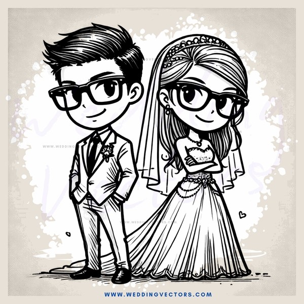 bride and groom cartoon in black and white