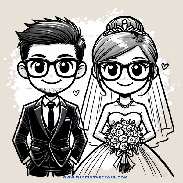 bride and groom in black and white cartoon style wedding picture