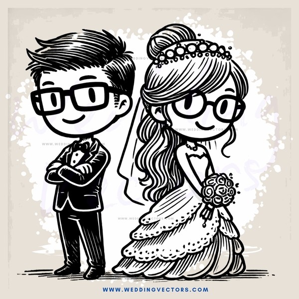 a wedding couple in black and white cartoon