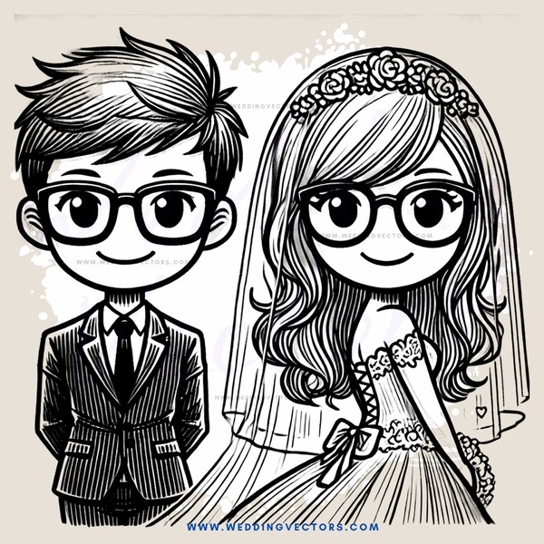 engaged couple in black and white illustration