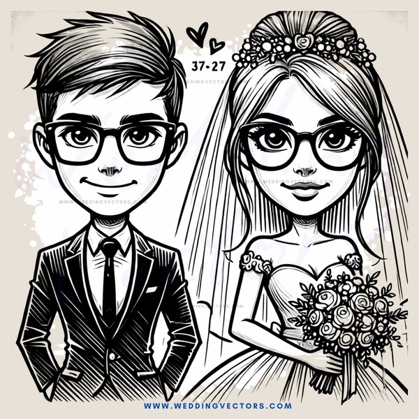 a couple on their wedding day, drawn in black and white
