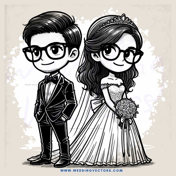 bride and groom in cartoon style
