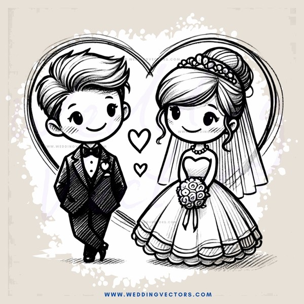 a bride and groom hold hands together with hearts above their heads