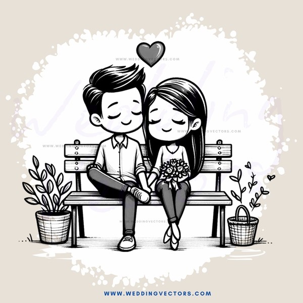 a couple sitting on a bench with a heart and flowers