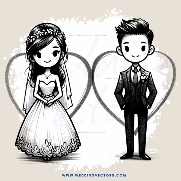 wedding illustration featuring boy and girl on the left and right