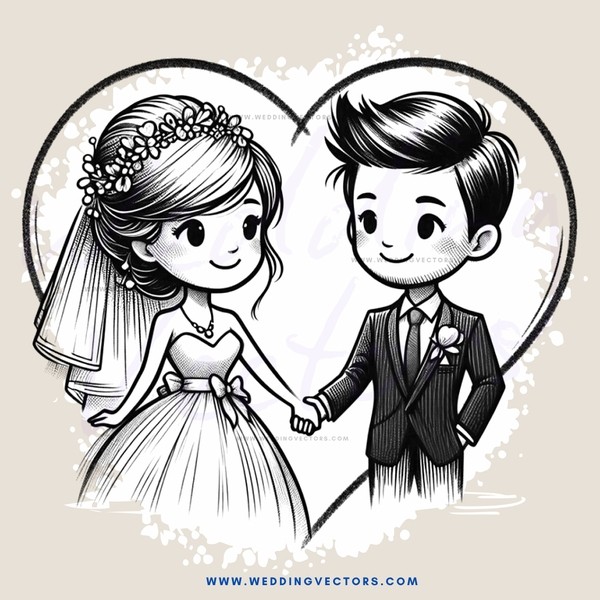 a bride and groom's picture with hearts behind them
