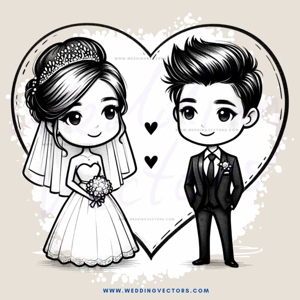 couple in wedding attire and outfit on heart shaped backdrop