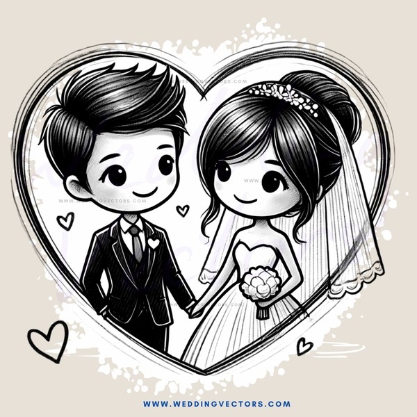 cartoon bride and groom holding flowers in hand