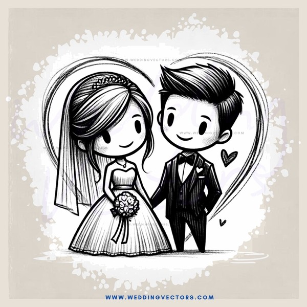 a bride and groom drawing in black and white