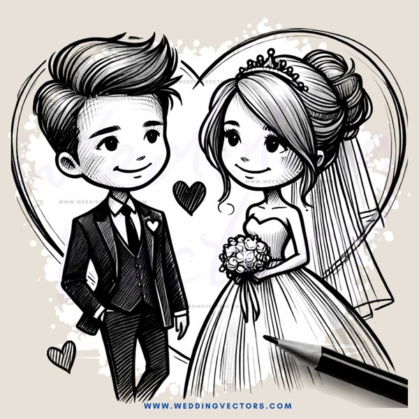 wedding couple and pencil sketching