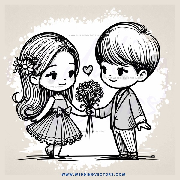 a boy and girl holding hands with flowers