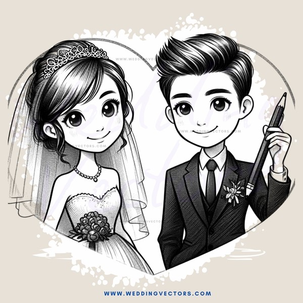 a bride and groom drawing with pencils