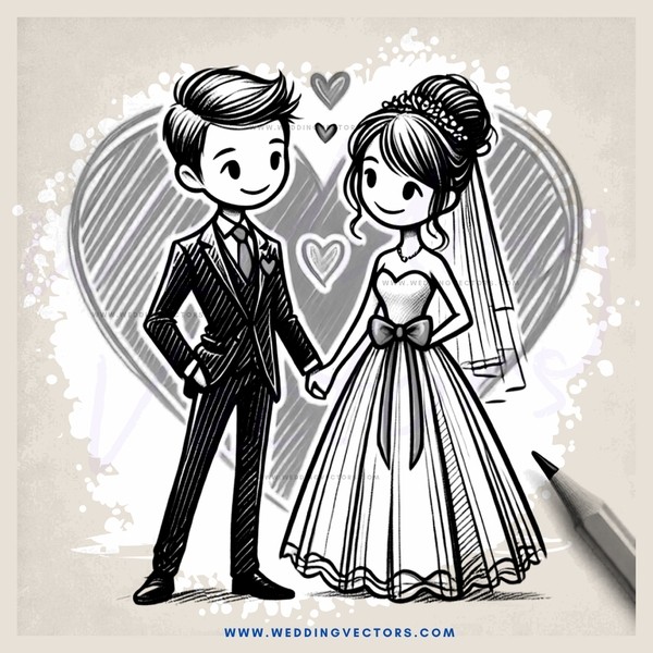 a cartoon drawing of a bride and groom