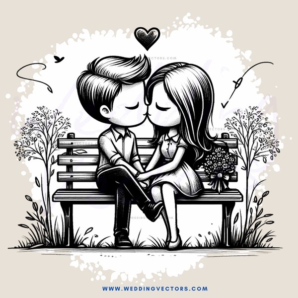 a couple sitting on a bench with a heart and birds in the background