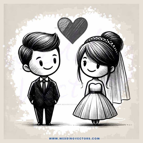 a couple in wedding attire standing together with a heart above them