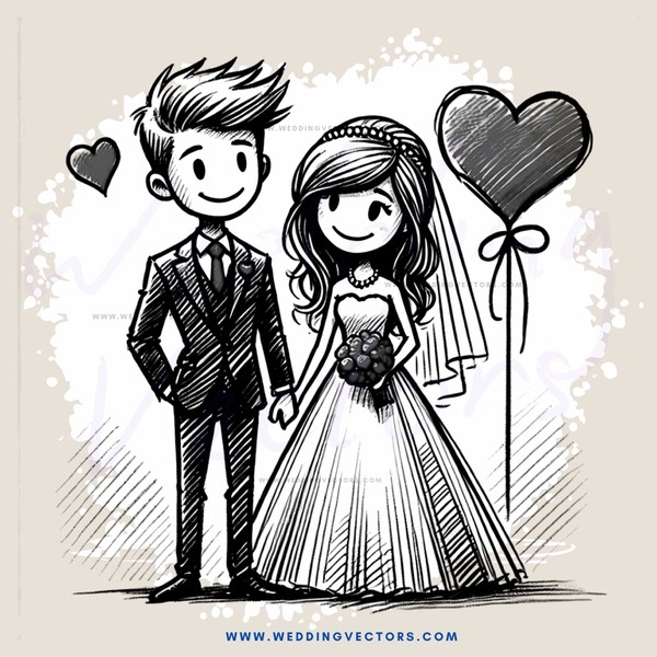the groom and bride with bouquet and love hearts