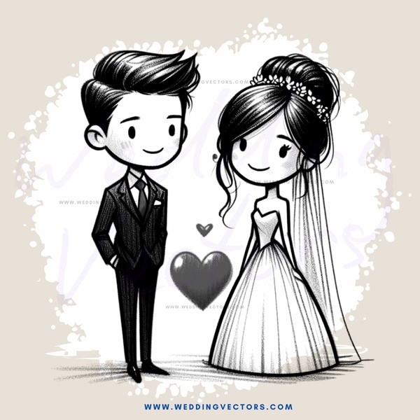 a black and white illustration of a bride and groom