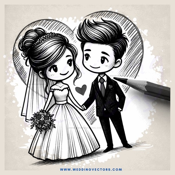 wedding portrait with pencil sketching on wrap around poster or picture frame