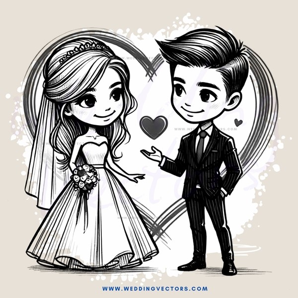 a boy and girl standing together with hearts around them