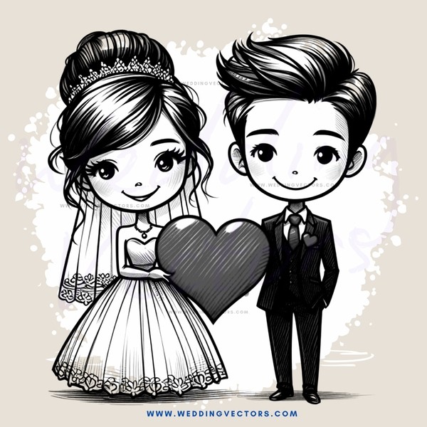 groom and bride in black and white cartoonish illustration