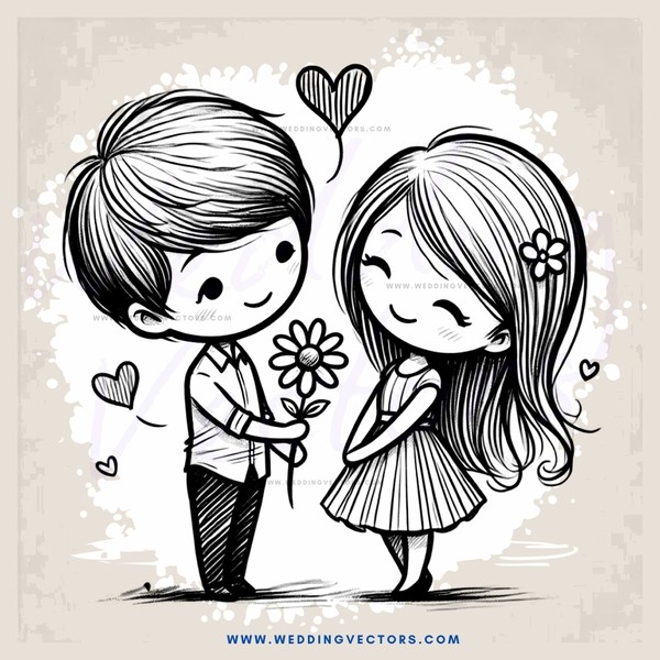 cartoon couple with flowers and hearts