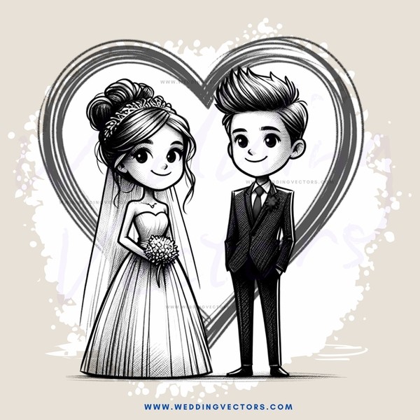 a black and white cartoon of two people holding hands with hearts and bows