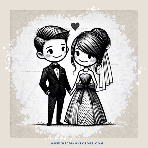 wedding couple in black and white illustration