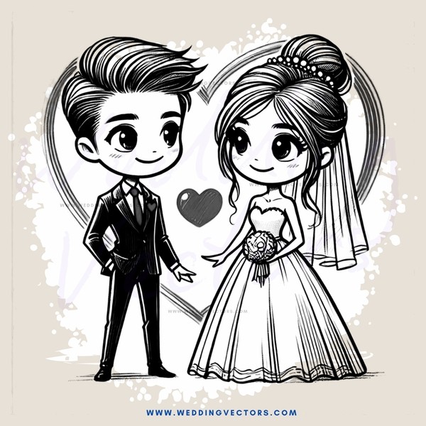 groom and bride in black and white cartoon