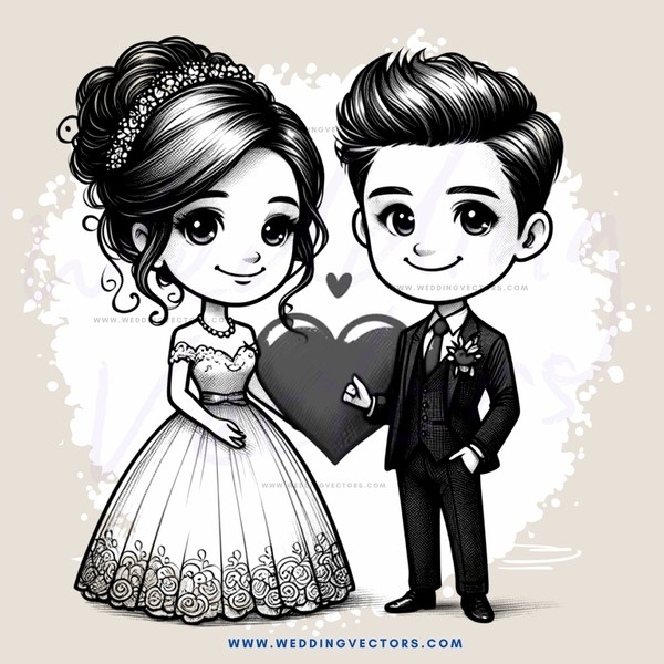 cartoon couple on their wedding day