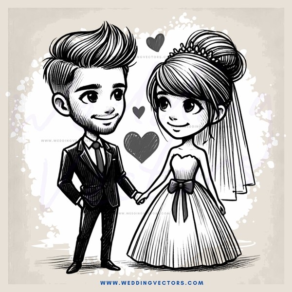 wedding couple cartoon drawing with heart shapes
