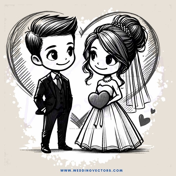 a bride and groom with hearts around them
