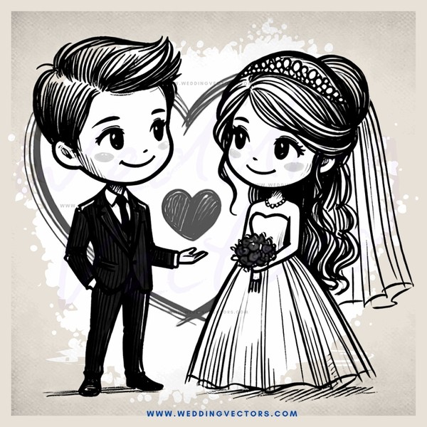groom and bride illustrated in black & white