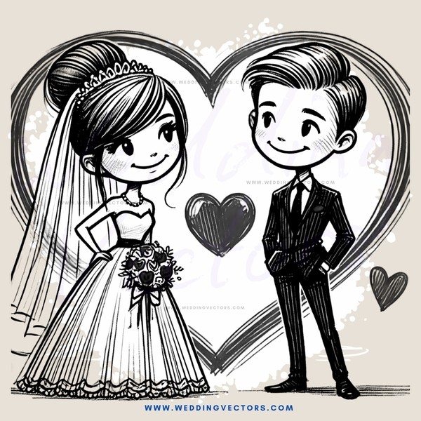 wedding picture with bride and groom heart outline