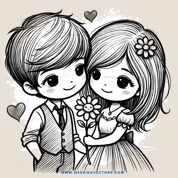 a cartoon boy and girl with flowers