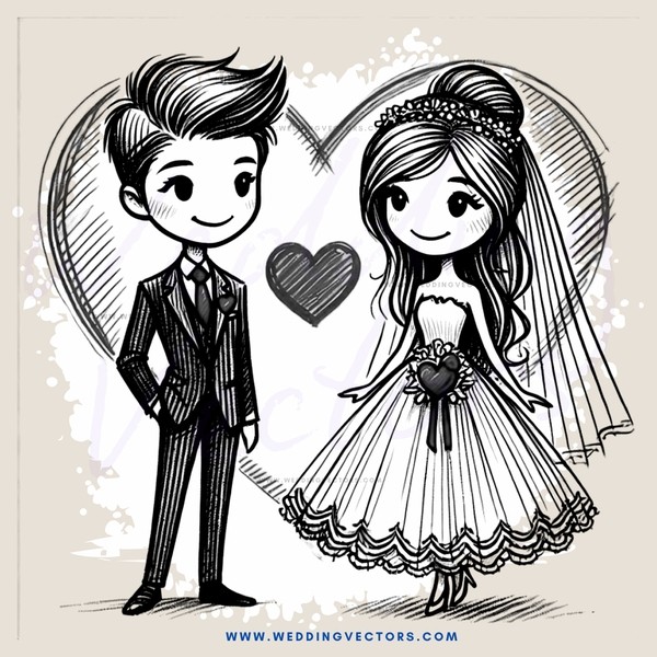 a bride and groom with hearts around them
