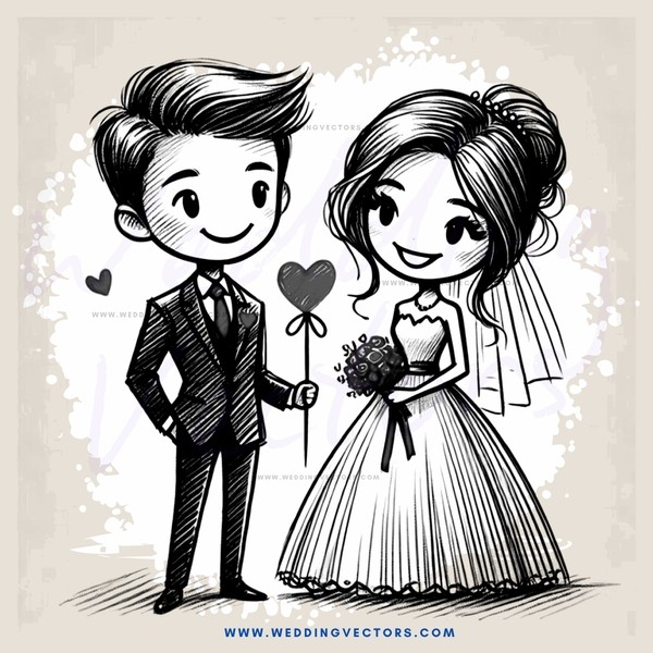 a bride and groom with a heart holding flowers