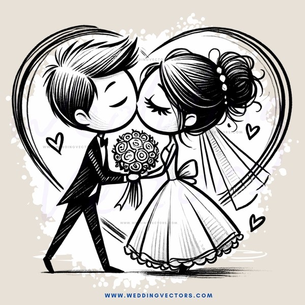 a bride and groom hug in an illustration