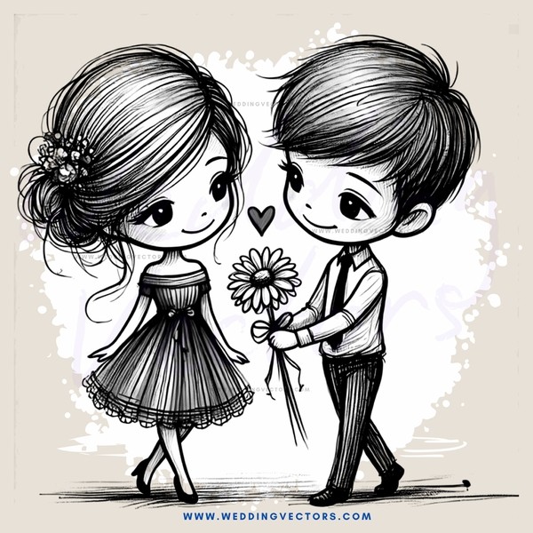 a boy and girl holding hands and flowers