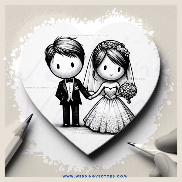 a heart shaped paper with two people on it and pen nib below