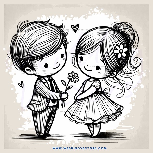 cartoon couple with flowers and hair decoration