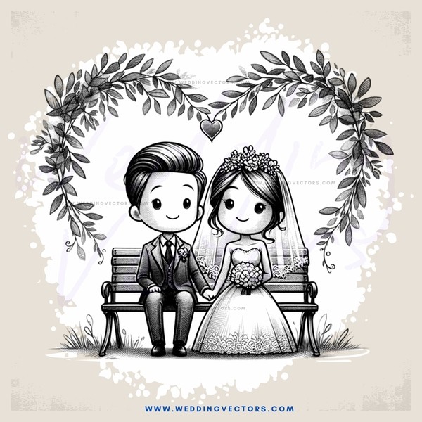 a wedding scene with two people sitting on a bench
