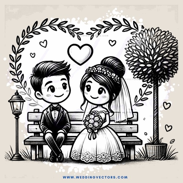 a couple sitting on a bench with trees and bushes behind them