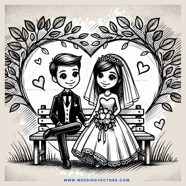 a cartoon picture of a groom and bride sitting on benches with flowers