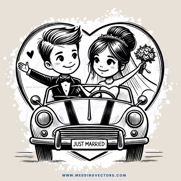 a caricature drawing of a bride and groom in their wedding car