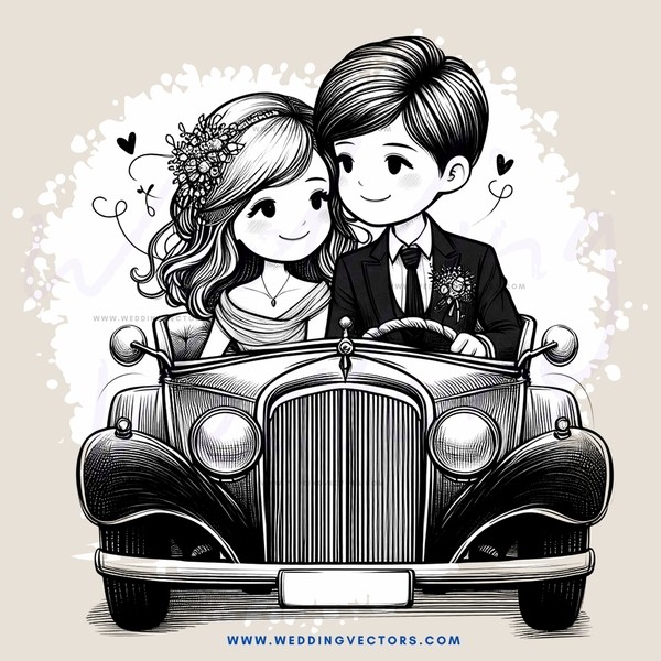 a caricature couple posing in a vintage car